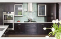 A black contemporary kitchen with almost black stained slab style cabinets.